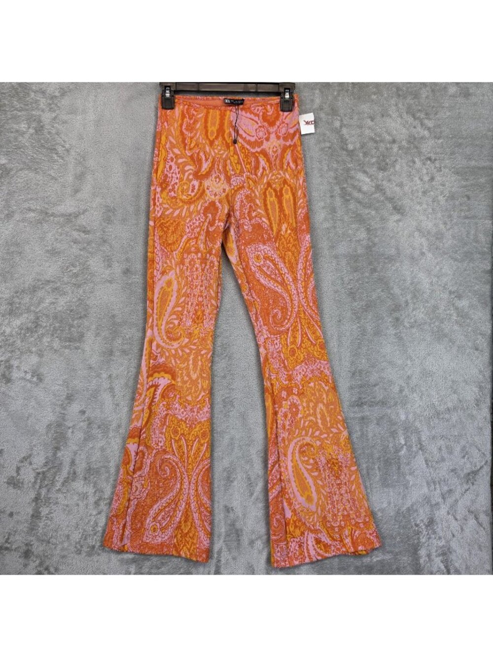 Zara Pants Womens S Orange Knit Paisley Flare Pull On Stretch Boho Festival